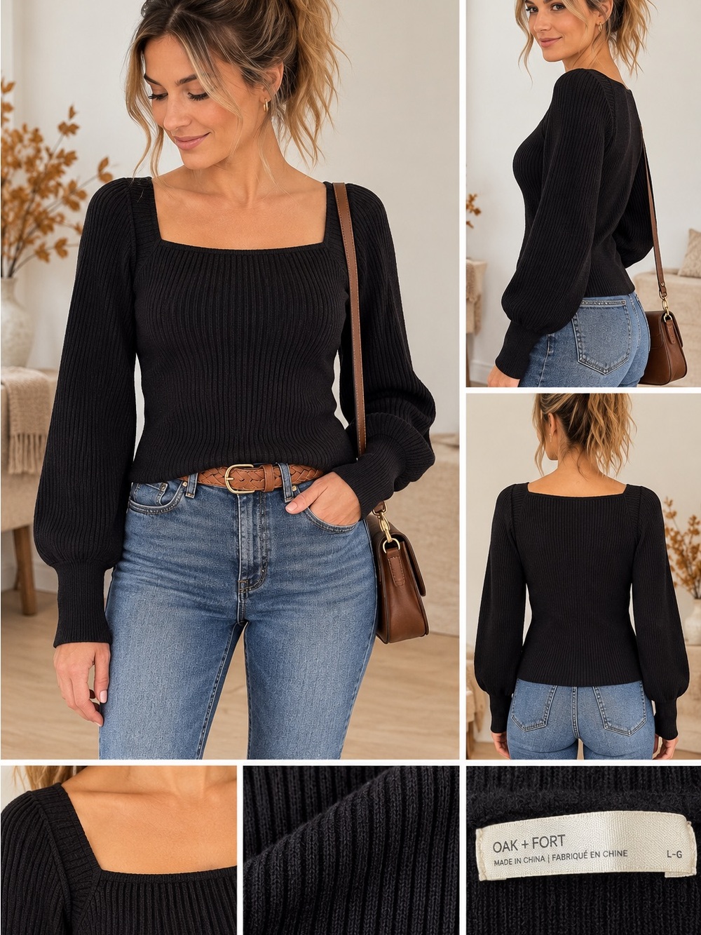 OAK + FORT Black Square Neck Balloon Sleeve Sweater L Parisian Chic